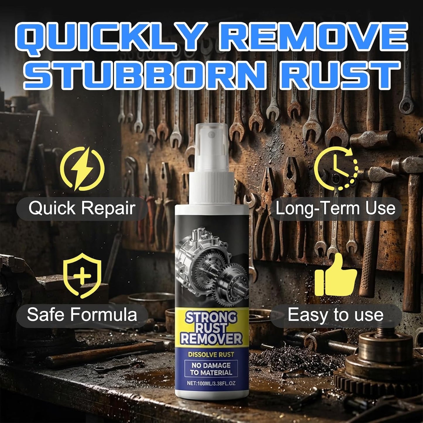 2pcs Rust Remover Spray for Metal, Upgrade Rust Remover Spray for Metal, Multipurpose Rust Stain Remover, Heavy Duty Metal Cleaner for Vehicles, Tools, Cars, Chains, Iron Out Rust Remover Spray