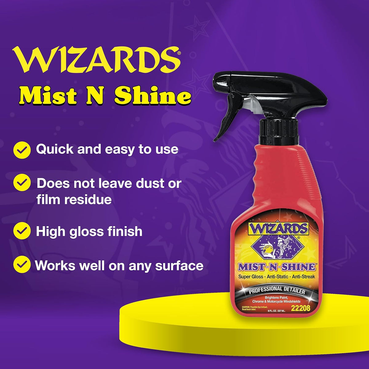 Wizards Mist-N-Shine Detail Spray - 22 Oz - Multi-Purpose High Gloss Finish Waterless Quick Detailer Spray for Glass, Chrome, Paint and Plastics - Car Exterior Cleaner for Auto Detailing Supplies
