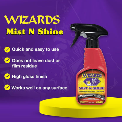 Wizards Mist-N-Shine Detail Spray - 22 Oz - Multi-Purpose High Gloss Finish Waterless Quick Detailer Spray for Glass, Chrome, Paint and Plastics - Car Exterior Cleaner for Auto Detailing Supplies