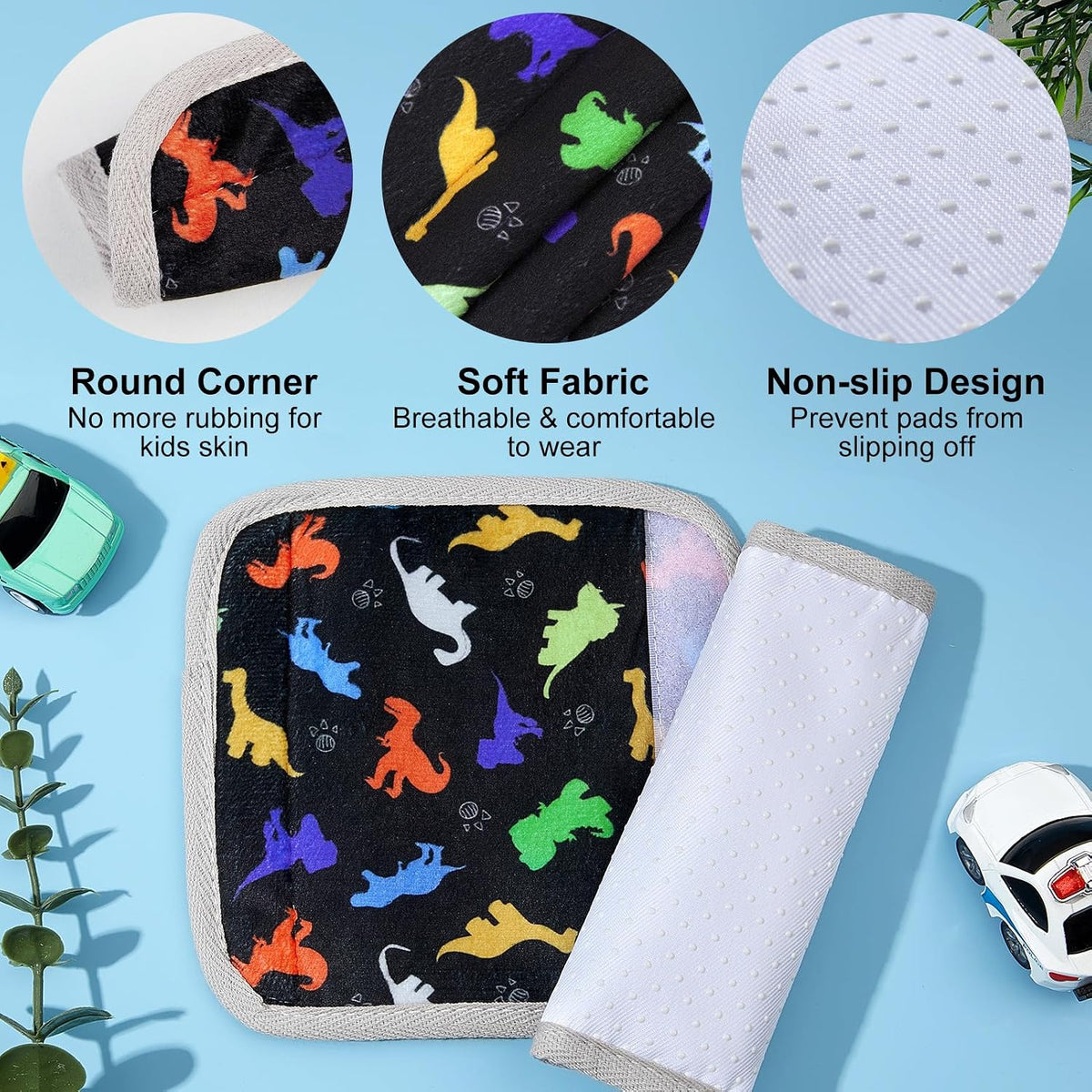 Seat Belt Cover Pad for Baby, Soft Seatbelt Cushion Covers for Kids 2Pcs Car Seat Strap Shoulder Pads for All Car Seats, Stroller, High Chair,Blue Dinosaur