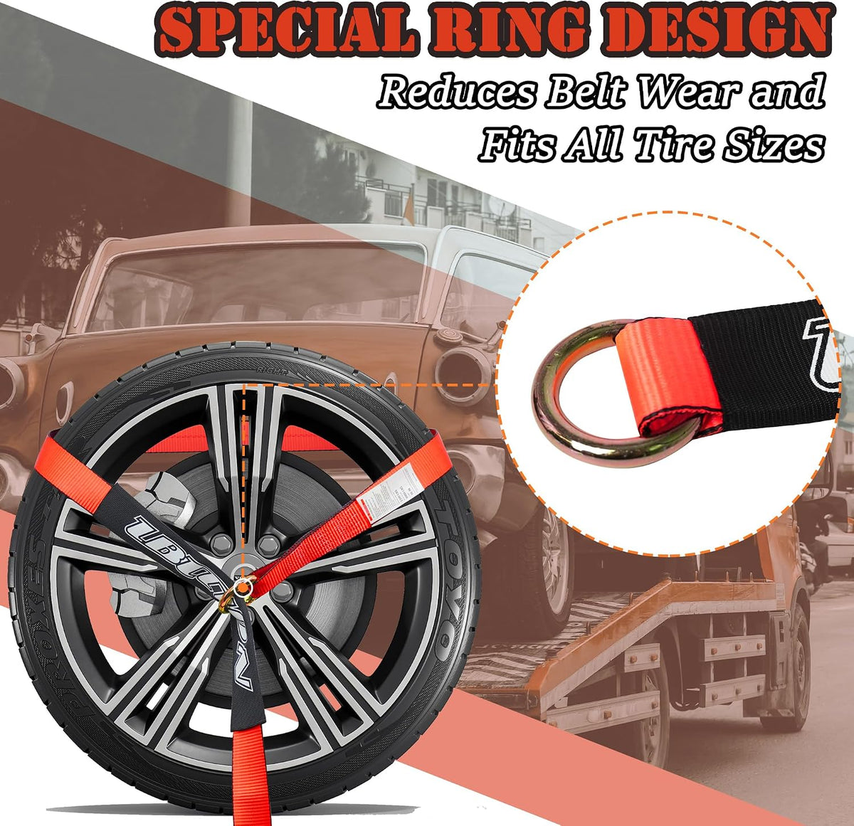4 Pack Car Tie Down Straps for Trailers with Heavy Duty Chain Anchors 2" x 96" - 3,300 lbs Safe Working Load -Adjustable Wheel Straps with Chain Hook Anchors for Trailers.Orange