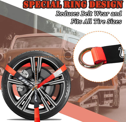 4 Pack Car Tie Down Straps for Trailers with Heavy Duty Chain Anchors 2" x 96" - 3,300 lbs Safe Working Load -Adjustable Wheel Straps with Chain Hook Anchors for Trailers.Orange
