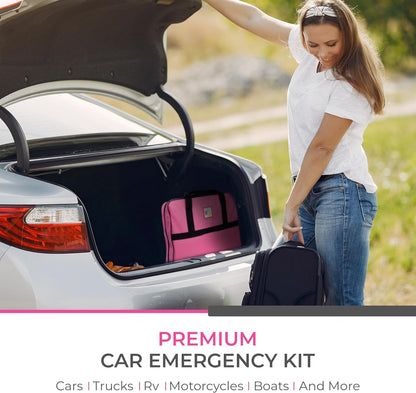 Car Emergency Kit with Air Compressor, Jumper Cables, First Aid, Tow Strap, Tire Gauge, Headlamp – Roadside Safety Kit for Women, Men, Teens