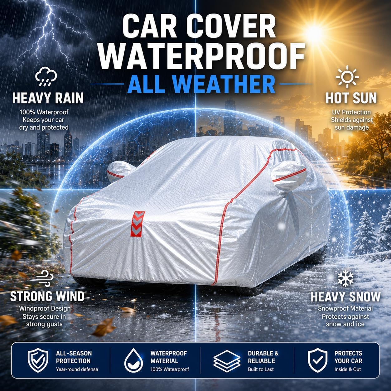 Car Cover for Sedan, Waterproof All Weather Heavy Duty, 360° Underbody Wrap Windproof Design, Quick Install Outdoor Vehicle Cover, Fits 186-193 in