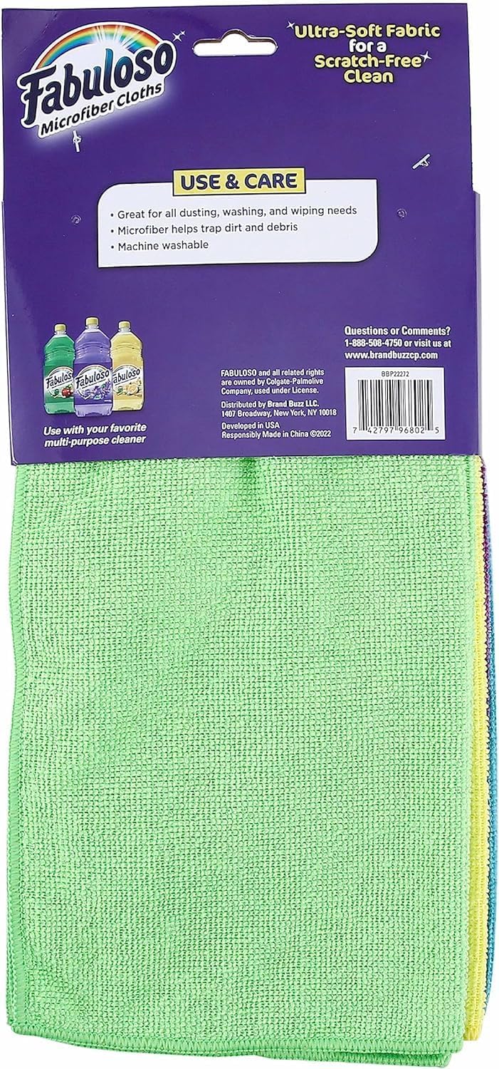 Fabuloso Microfiber Cleaning Cloths for Home & Car, Lint-Free Scratch-Free Rags for Glass, Kitchen & Wood, Reusable Machine Washable, Absorbent for Dusting & Wiping, Rainbow, 13 x 13 in, 8 Count