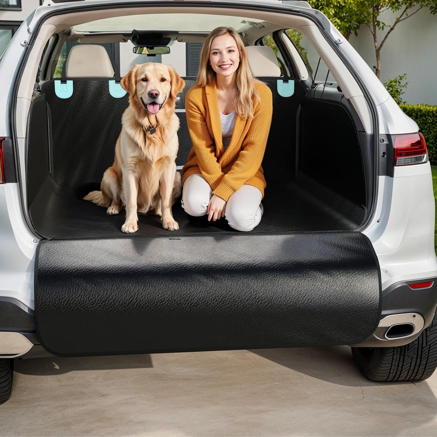 SUV Cargo Liner for Dogs with PU Leather, Waterproof Pet Trunk Cover with Taller Side Panels, Dog Seat Mat for SUVs Vans with Bumper Flap Protector, Non-Slip, Large Size Universal Fit, Black