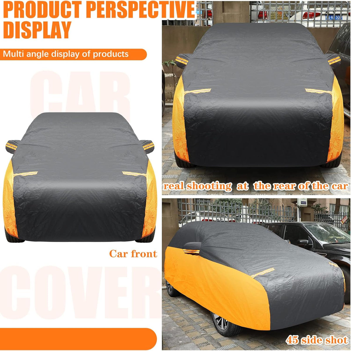Riakrum Full Car Cover Waterproof All Weather for Automobiles Windproof Cover Rain UV Protection Sun Scratch Resistant Outdoor Universal(Fit Sedan Length (185-193'') 70'' H,Black, Orange)
