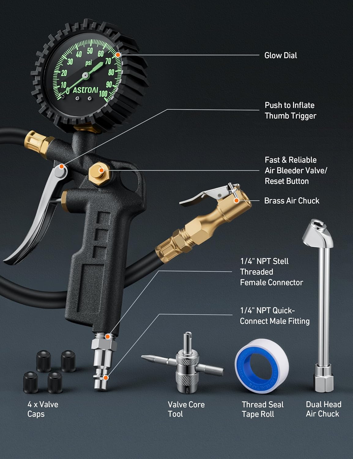 AstroAI Tire Pressure Gauge with Inflator, 100 PSI-ANSI B40.1 Accurate, Large 2.5" Easy Read Glow Dial, Heavy Duty Air Chuck and Compressor Accessories with Rubber Hose and Quick Connect Coupler
