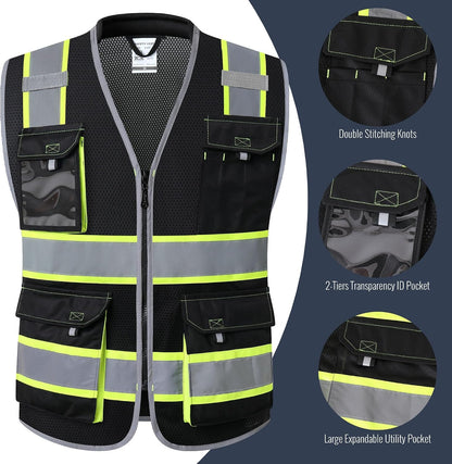 JKSafety Safety Vest for Men Women Hi Vis with Pockets and Cushioned Collar Construction Vest Meet ANSI Standard (BX360)