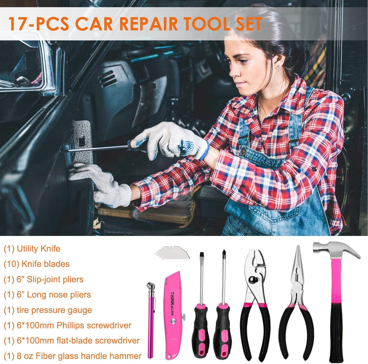 THINKWORK Car Emergency Kit for Teen Girl and Lady's Gifts, Pink Emergency Roadside Assistance kit with Digital Air Compressor, 10FT Jumper, First Aid Kit, and More Ideal Pink Car Accessories Tool -E7