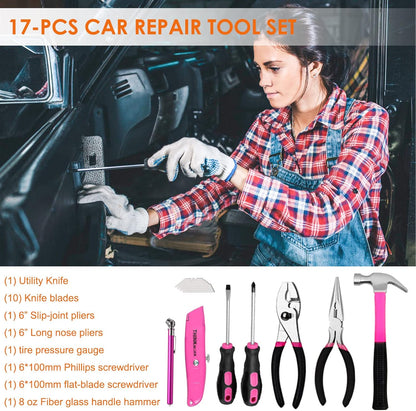 THINKWORK Car Emergency Kit for Teen Girl and Lady's Gifts, Pink Emergency Roadside Assistance kit with Digital Air Compressor, 10FT Jumper, First Aid Kit, and More Ideal Pink Car Accessories Tool -E7