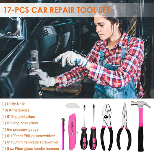 THINKWORK Car Emergency Kit for Teen Girl and Lady's Gifts, Pink Emergency Roadside Assistance kit with Digital Air Compressor, 10FT Jumper, First Aid Kit, and More Ideal Pink Car Accessories Tool -E7