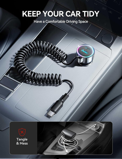 USB C 90W Car Charger for iPhone 17/16 Pro Max, PD & QC3.0 w/5 ft 45W Type Coiled Cable, Fast Car Phone Charger Adapter for iPhone 17Air/15 Pro, Samsung Galaxy S26/S25/S24, Pixel 10/LG/Android, iPad
