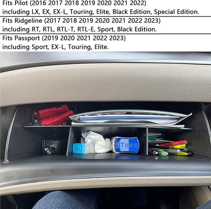 EDBETOS Glove Box Dividers Organizer Compatible with Honda Pilot 2016-2020 2021 2022/ Ridgeline 2017-2023/ Passport 2019-2023 Accessories Double Compartment Optimize Interior Storage Space