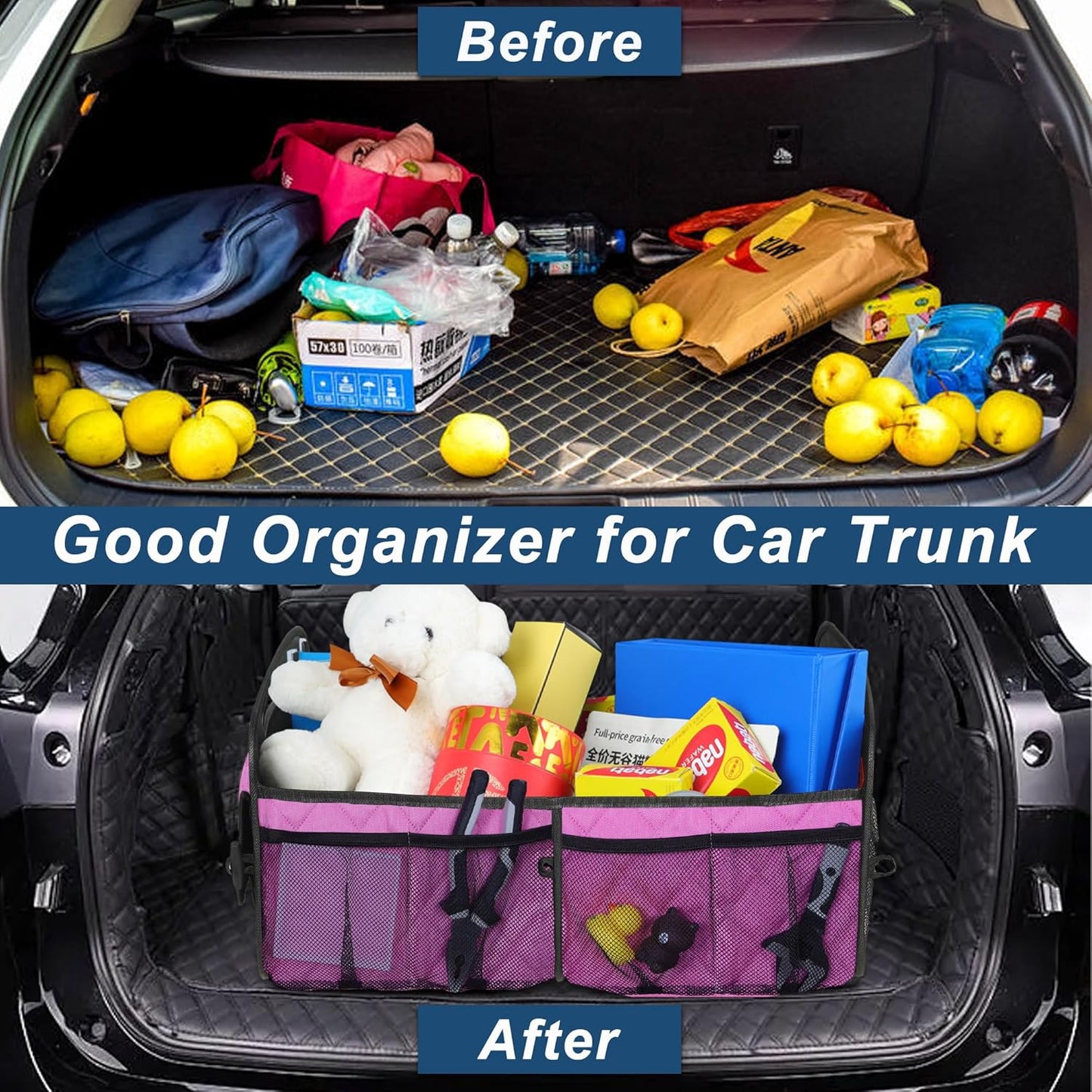 Deosk Car Trunk Organizer for SUV, Car Organizers and Storage with Reinforced Handles, Car Accessories for Women/Men 50LWaterproof Polyester Trunk Organizer, Black