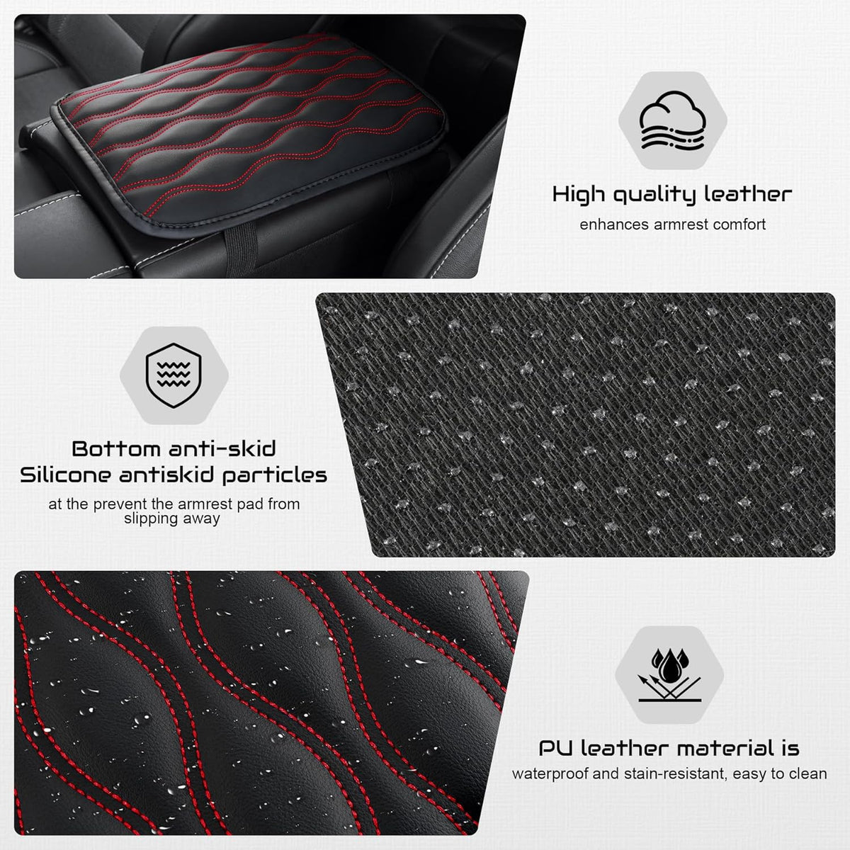 Amiss Car Center Console Cover, Upgraded Leather Car Armrest Cushion with 2 Storage Pockets, Universal Waterproof Cushion Pad, Non-Slip Car Interior Accessories, Fits Most Sedans SUVs Trucks (Black)