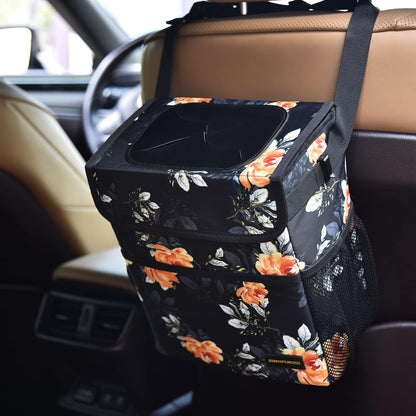SIBOFUEGO Cute Car Trash Can with Lid – Multipurpose Collapsible Trash Bin for Car, Leak-Proof Organizer, Waterproof Garbage Can with Storage Pockets & Adjustable Straps, 2 Gallons (Black Leopard)