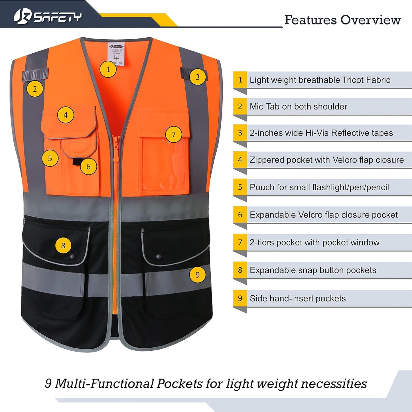 JKSafety 9 Pockets Class 2 High Visibility Zipper Front Safety Vest With Reflective Strips,Meets ANSI/ISEA Standard (Large, 150-Yellow) - Colors A