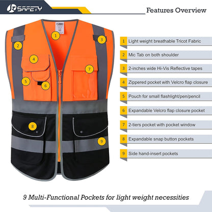 JKSafety 9 Pockets Class 2 High Visibility Zipper Front Safety Vest With Reflective Strips,Meets ANSI/ISEA Standard (Large, 150-Yellow) - Colors A