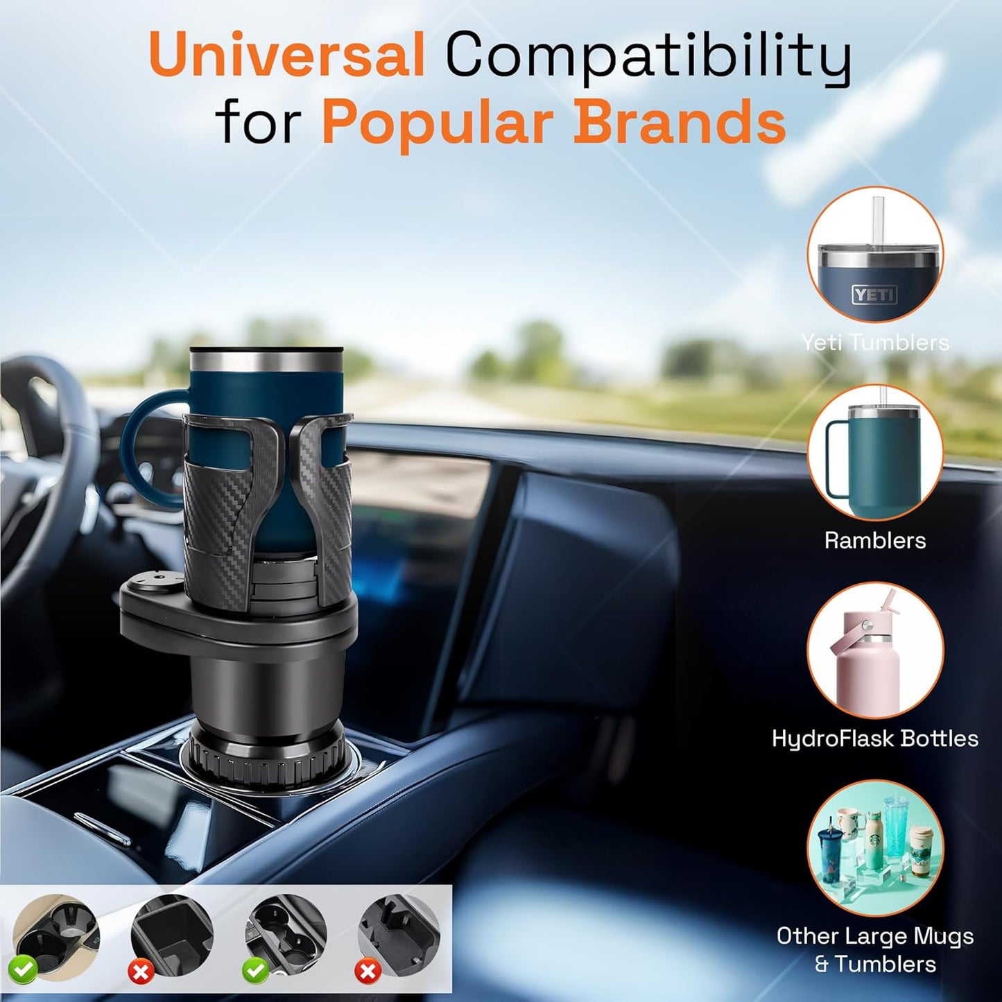 Car Cup Holder Expander 2 in 1, Expandable Cup Holder with Adjustable Base, The Upper Part Fits Yeti, Ramblers, Hydroflask, Other Large Bottles/Mugs, expandable to 3"-6.5"