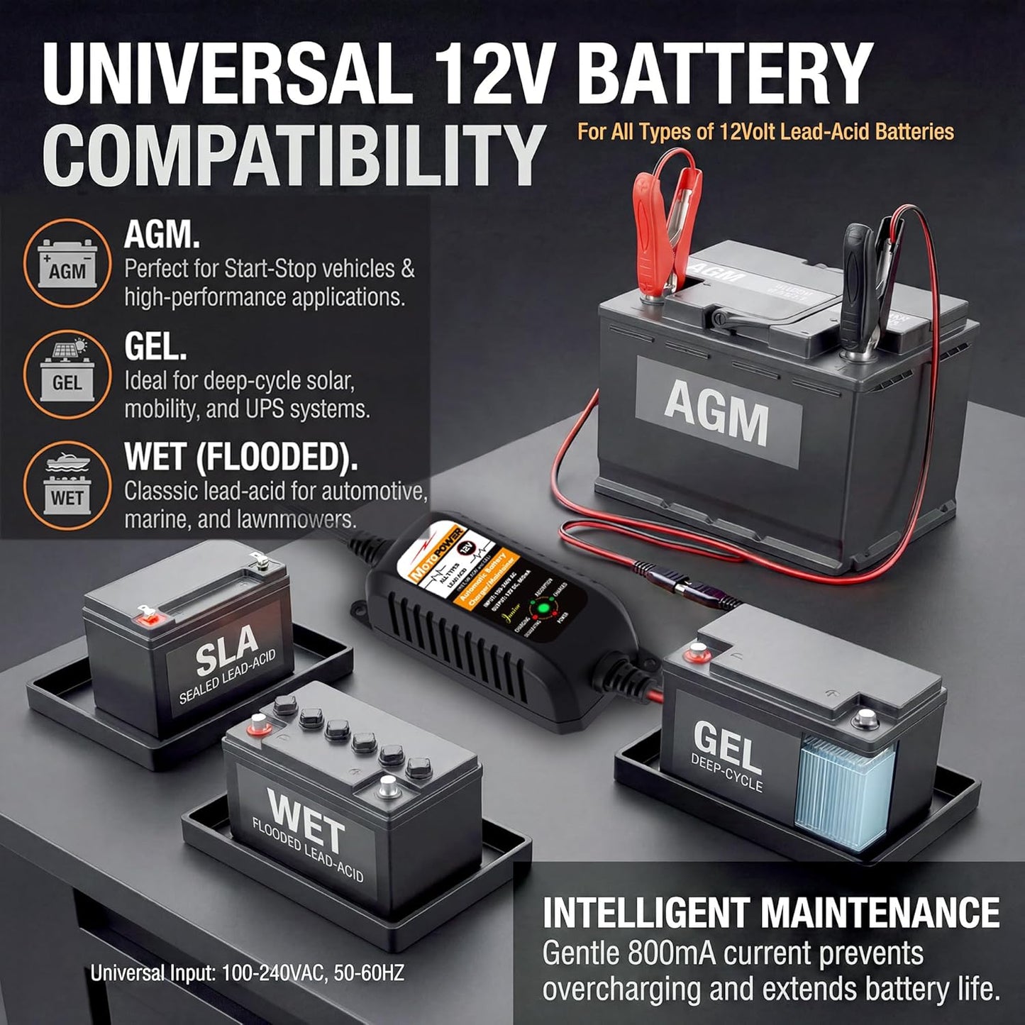 MOTOPOWER MP00205A 12V 800mA Automatic Battery Charger, Maintainer, Trickle and Desulfator