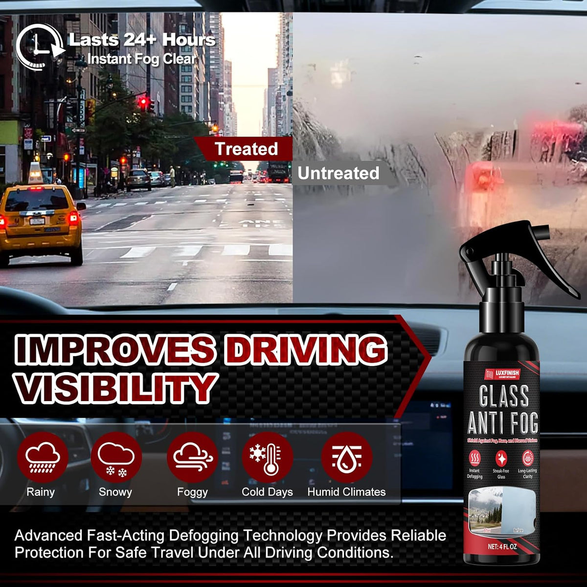 Anti Fog Spray for Glass & Windshield Defogger – 24H Long Lasting Prevention for Car, Mirrors, Windows, Goggles, Shower Door – Streak-Free & Instant Clear with Microfiber Towel, 120ml/4oz