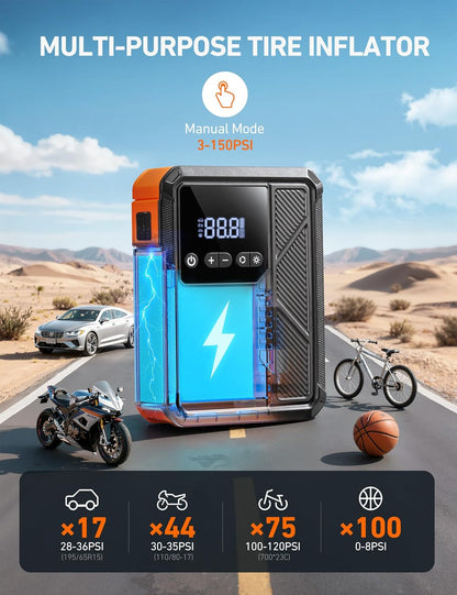 AstroAI S8 Air Jump Starter with Air Compressor, 3000A Peak Car Battery Jump Starter Portable (9.0 Gas/6.5L Diesel) with 150PSI Cordless Auto-Shutoff Tire Inflator, 12V Battery Charger Booster(Orange)