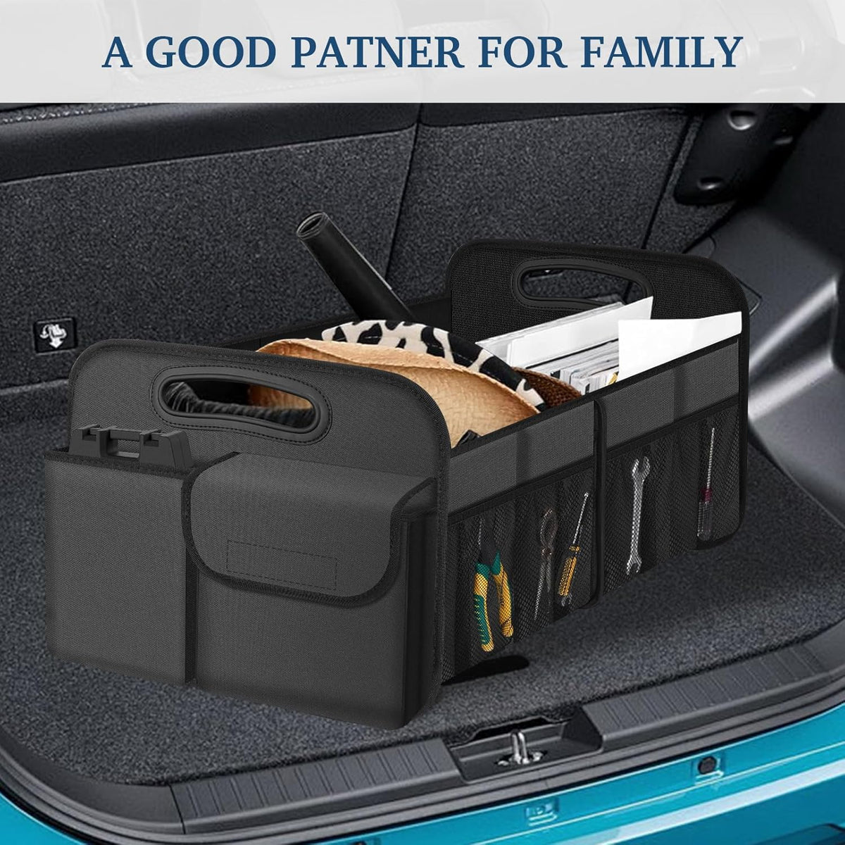 Femuar Car Trunk Organizer with Large Capacity Waterproof Car Accessories for Women & Men, Collapsible Trunk Organizer for Suv/Jeep/Sedan,Tools (Black, Standard)
