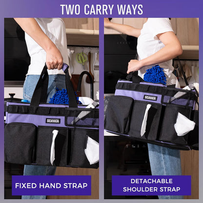 SCAVATA Wearable Cleaning Caddy Bag, Supplies Organizer with Handle & Shoulder Straps for Housekeepers, Under Sink & Car Cleaning Tool Organizer with 4 Foldable Dividers (Black)