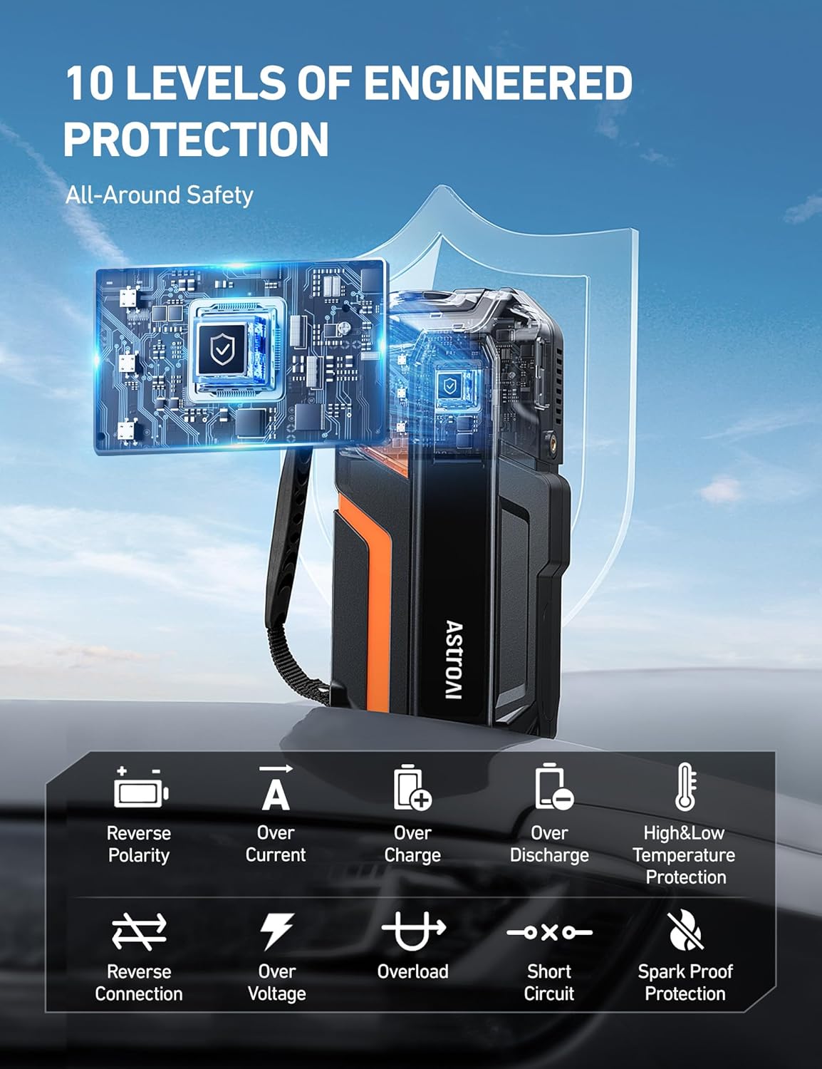 AstroAI S8 Air Jump Starter with Air Compressor, 3000A Peak Car Battery Jump Starter Portable (9.0 Gas/6.5L Diesel) with 150PSI Cordless Auto-Shutoff Tire Inflator, 12V Battery Charger Booster(Orange)