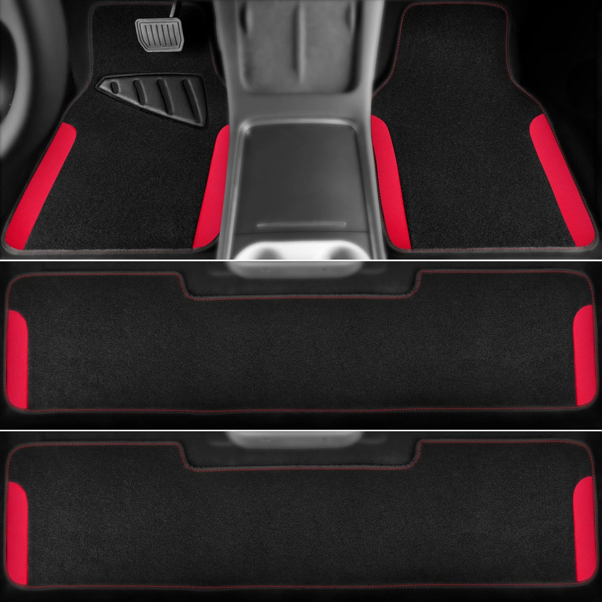 CAR PASS Rainbow Waterproof Universal Fit Faux Leather Car Carpet- Anti-Slip Nibbed Backing Floor Mats for SUV, Vans,Sedans,Trucks, Automotive Set of 4 for Women (Black with Red)
