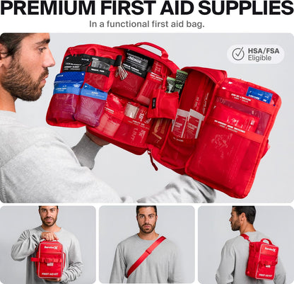 SurviveX Large Pro First Aid Kit for Car, Travel & Home - Emergency Kit for Hiking, Camping, Backpacking and Outdoors - Includes Zip Stitch Wound Closure Strips