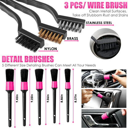 17pcs Car Cleaning Kit, Pink Car Interior Detailing Kit with High Power Handheld Vacuum, Detailing Brush Set, Windshield Cleaner, Cleaning Gel, Complete Auto Accessories for Women Gift