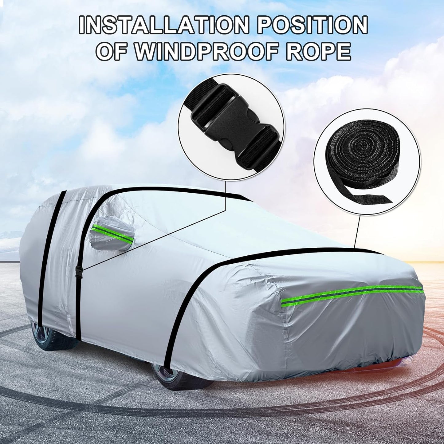 Full Car Cover Universal 6 Layers Outdoor Thicked All Weather Cover, Sunshield, Waterproof, Snow Proof, UV Proof, Scratch Proof, Bird Droppings, 6 Reflective Strips, Fits Sedans up 178"-189"