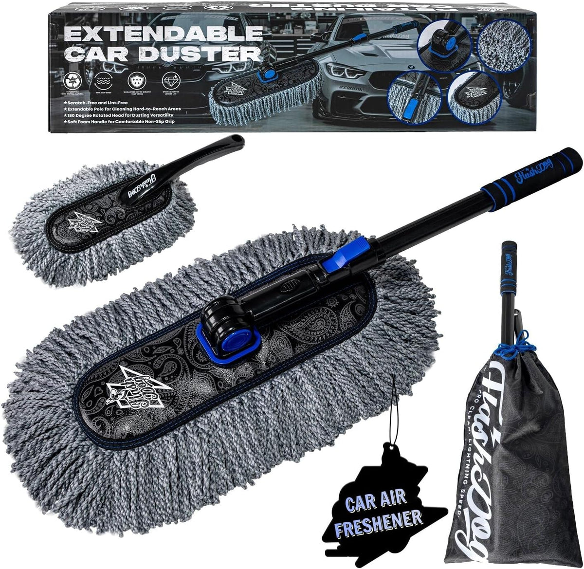 Flash Dog Car Duster Exterior & Interior Duster Aluminum Alloy Extendable Handle and Wax Cotton Strands Scratch-Free Cleaning for Cars, SUVs, RVs | Waterless Dust & Pollen Remover