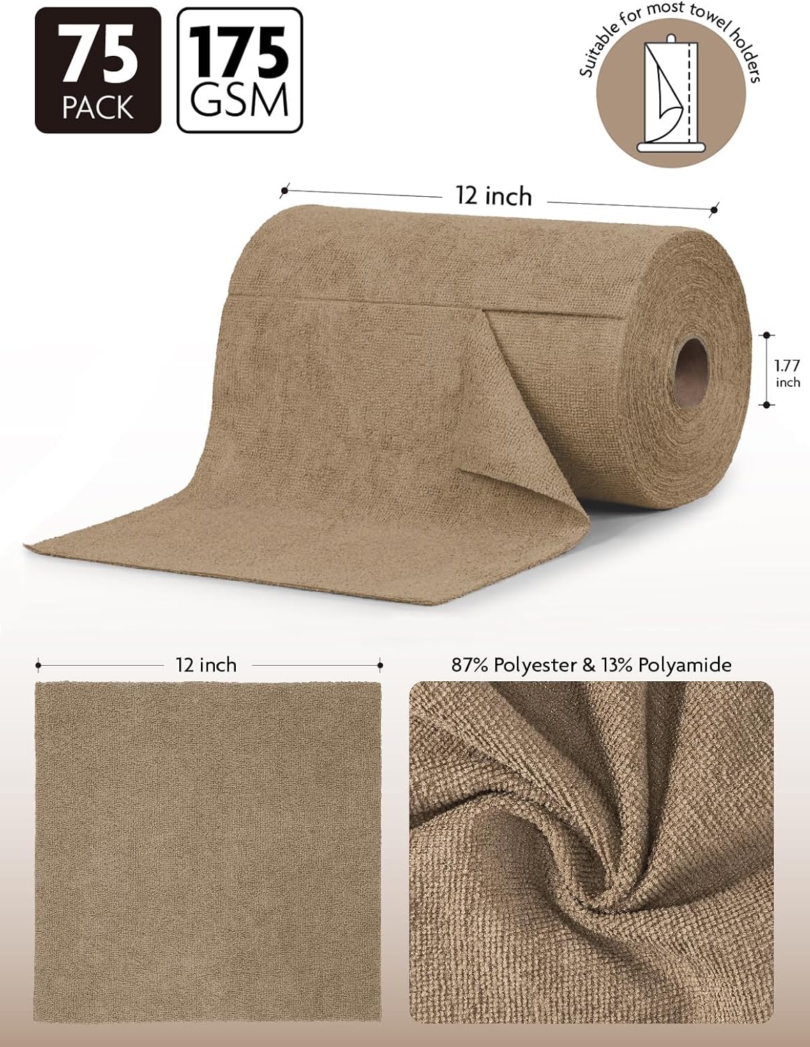 Fantasticlean Microfiber Cleaning Cloth Roll -75 Pack, Tear Away Microfiber Towels, 12" x 12", Reusable, Washable, Scratch Free, Ultra Absorbent for All-Around Cleaning Supplies (DimGray)