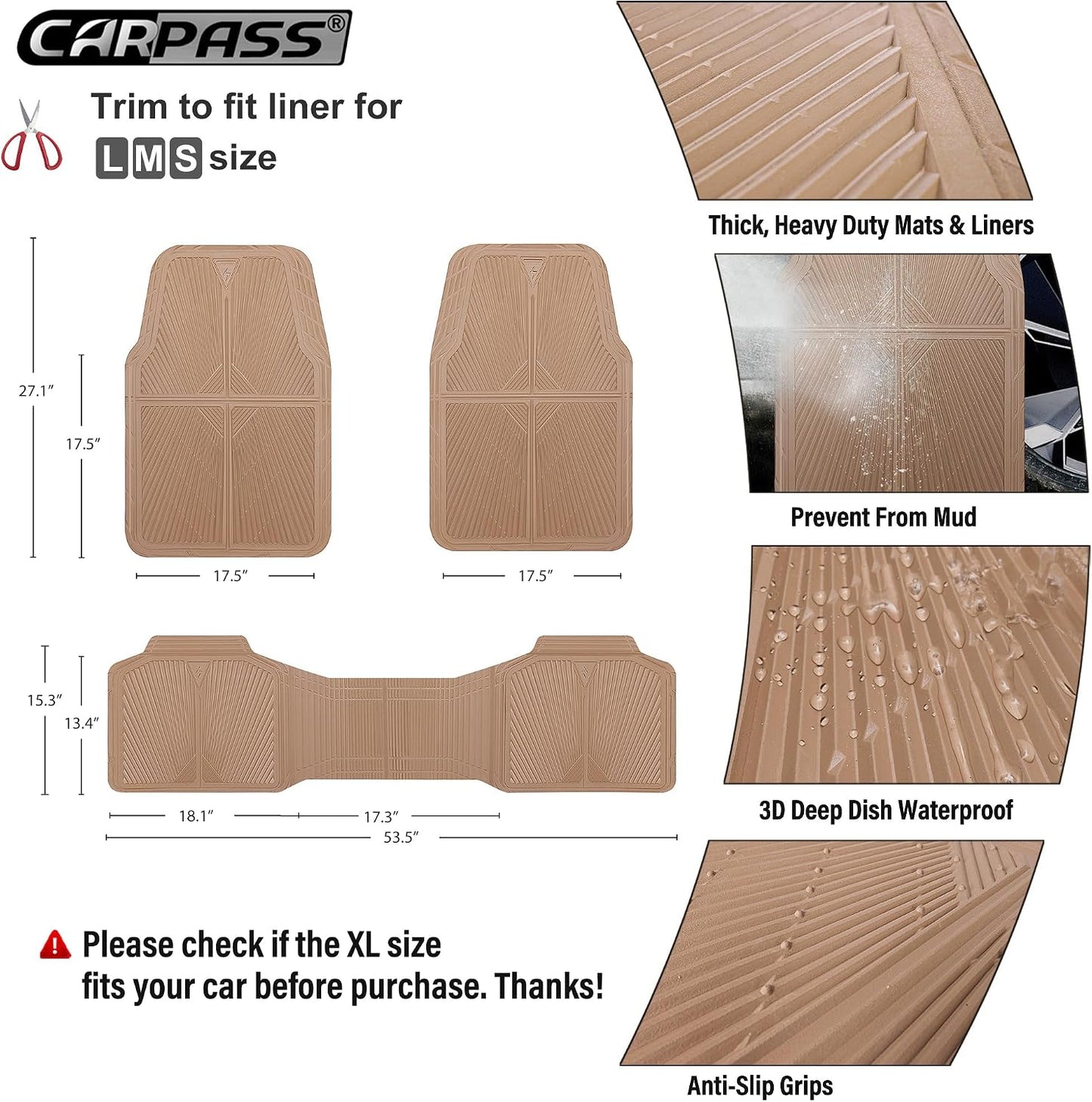 CAR PASS Rubber Floor Mats, All Weather Waterproof Trim-to-Fit Automotive Mats for Cars Trucks SUV, Anti-Slip Easy Clean, Heavy Duty Full Set 3-Piece, All Black