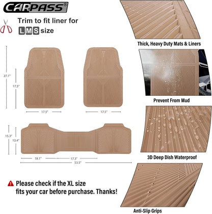 CAR PASS Rubber Floor Mats, All Weather Waterproof Trim-to-Fit Automotive Mats for Cars Trucks SUV, Anti-Slip Easy Clean, Heavy Duty Full Set 3-Piece, All Black
