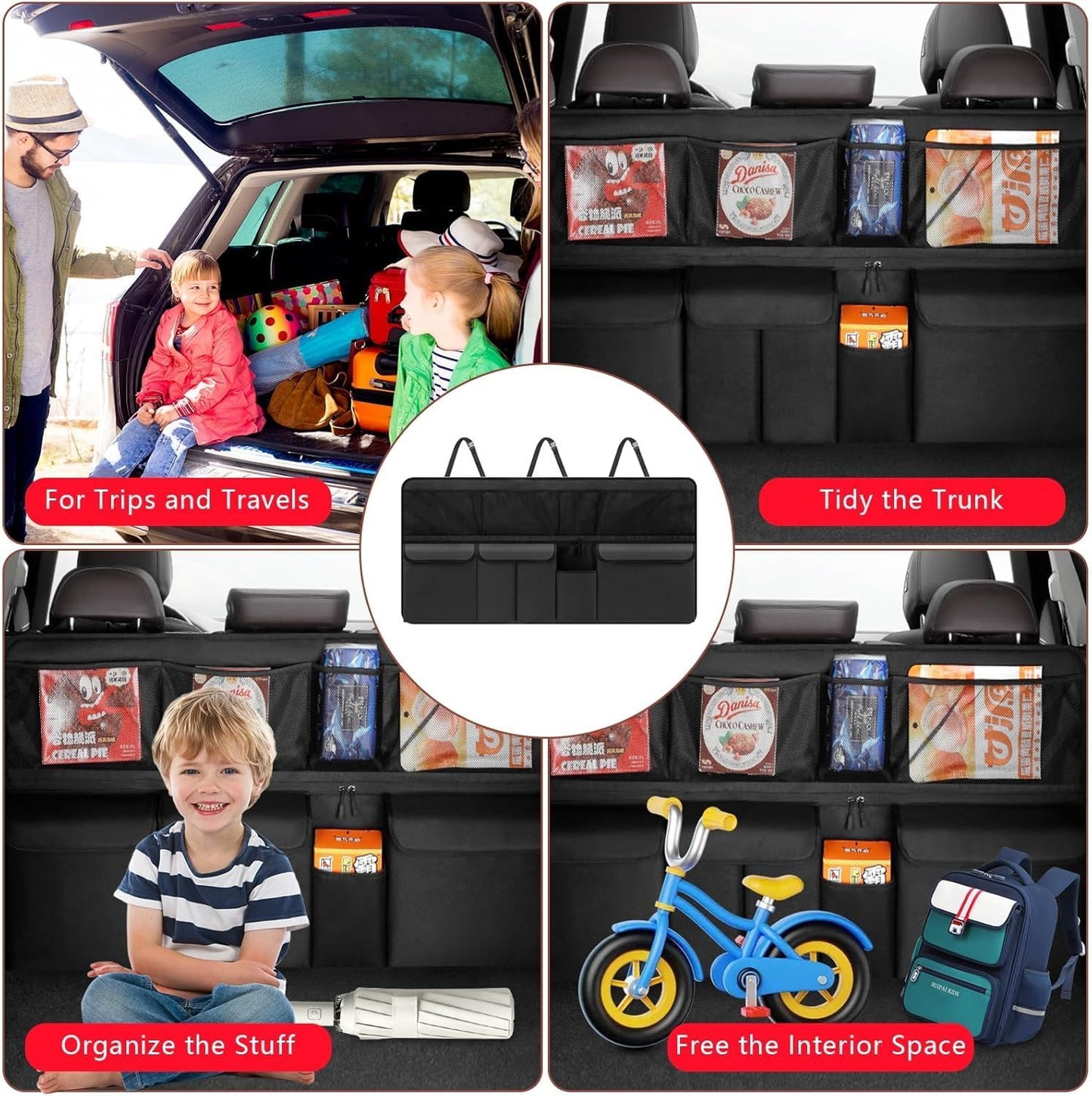Car Trunk Organizer with 9 Large Pockets, Car Storage Organizer for SUV/MPV/Truck, Space Saver Travel Accessories (Black)