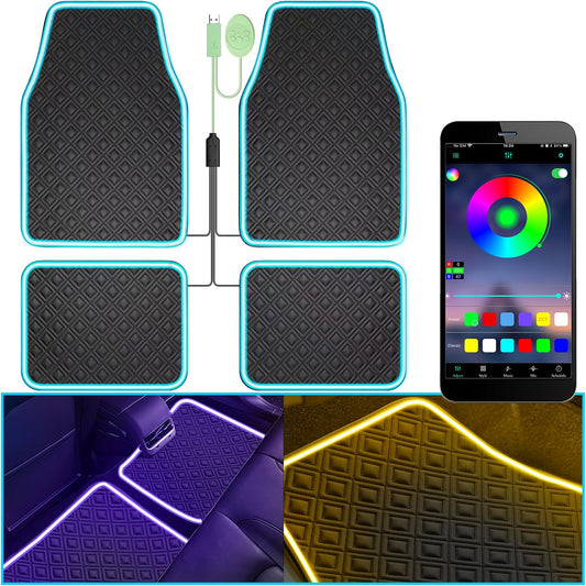 Soft Car Floor Mats With Led Strip Light, Universal Fit Black Automotive Carpet, App Control Interior Car Lights Floor Mats, Anti-Slip Waterproof RGB Car Decor Accessories For SUV, Trucks, Sedan,Jeeps