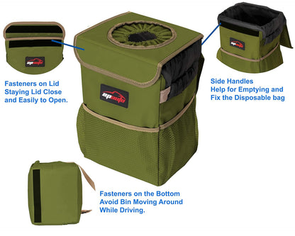 EPAuto Waterproof Car Trash Can with Lid and Storage Pockets, 2.5 Gallon, Black