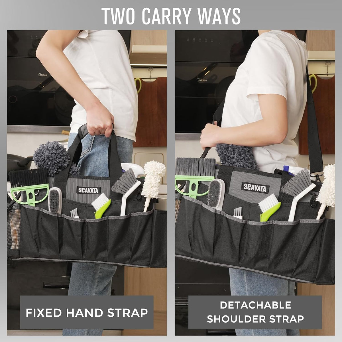 SCAVATA Wearable Cleaning Caddy Bag, Supplies Organizer with Handle & Shoulder Straps for Housekeepers, Under Sink & Car Cleaning Tool Organizer with 4 Foldable Dividers (Black)