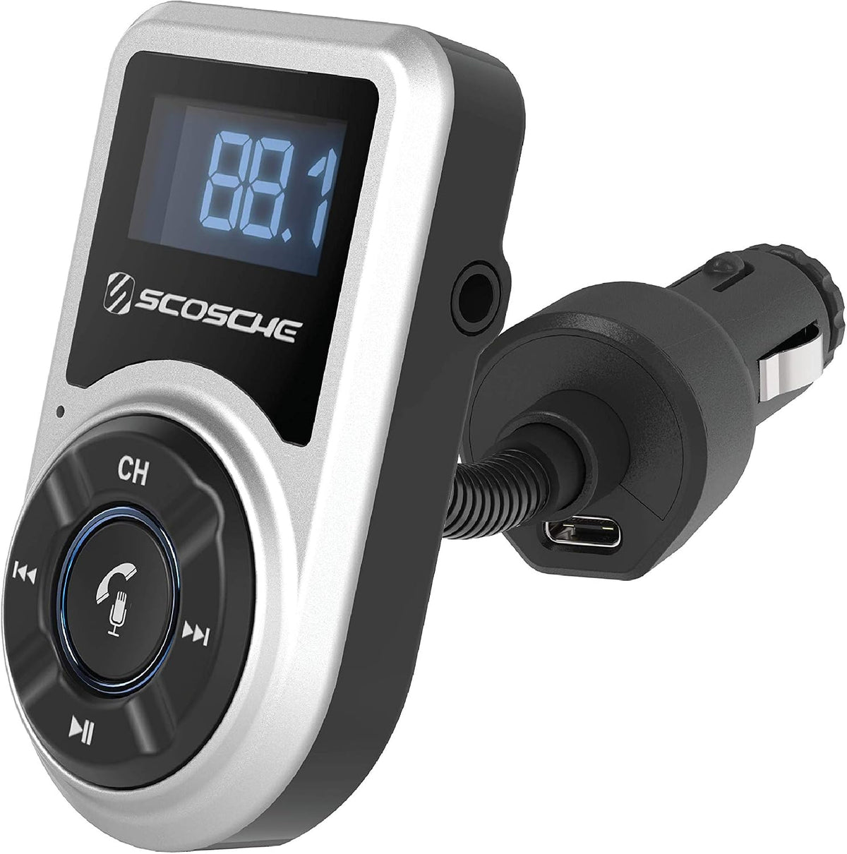 Scosche BTFM9 FM Bluetooth Transmitter Car, Dual 12W USB-C and USB-A Charging Ports, Fast Type C Car Charger, Wireless Radio Bluetooth Adapter, Hands-Free Kit for Calls, Siri and Google Assistant