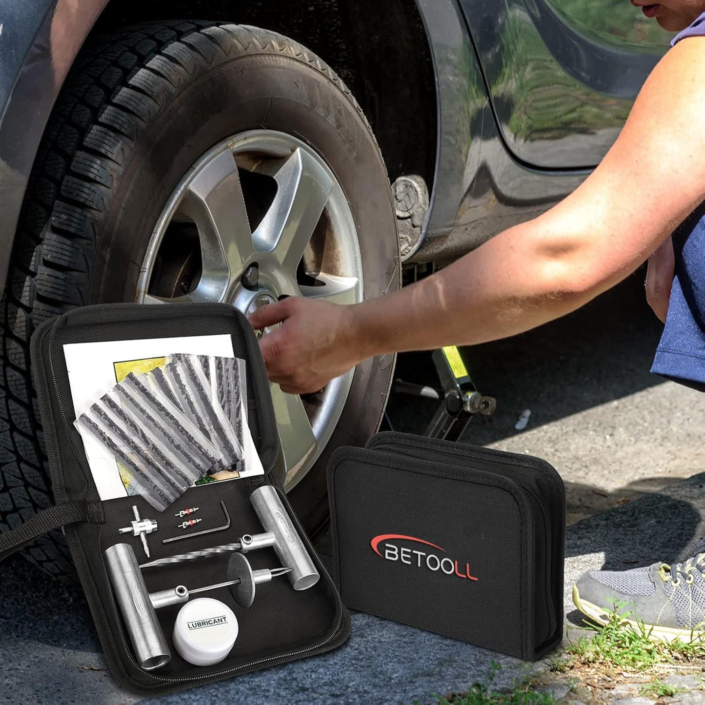 BETOOLL Tire Repair Kit, 24 Pcs Professional Heavy Duty Universal Emergency Flat Tire Repair Kit to Fix Punctures, for car Motorcycle, Truck, Golf Cart, ATV, Tractor, ARB, RV, SUV, Trailer etc.