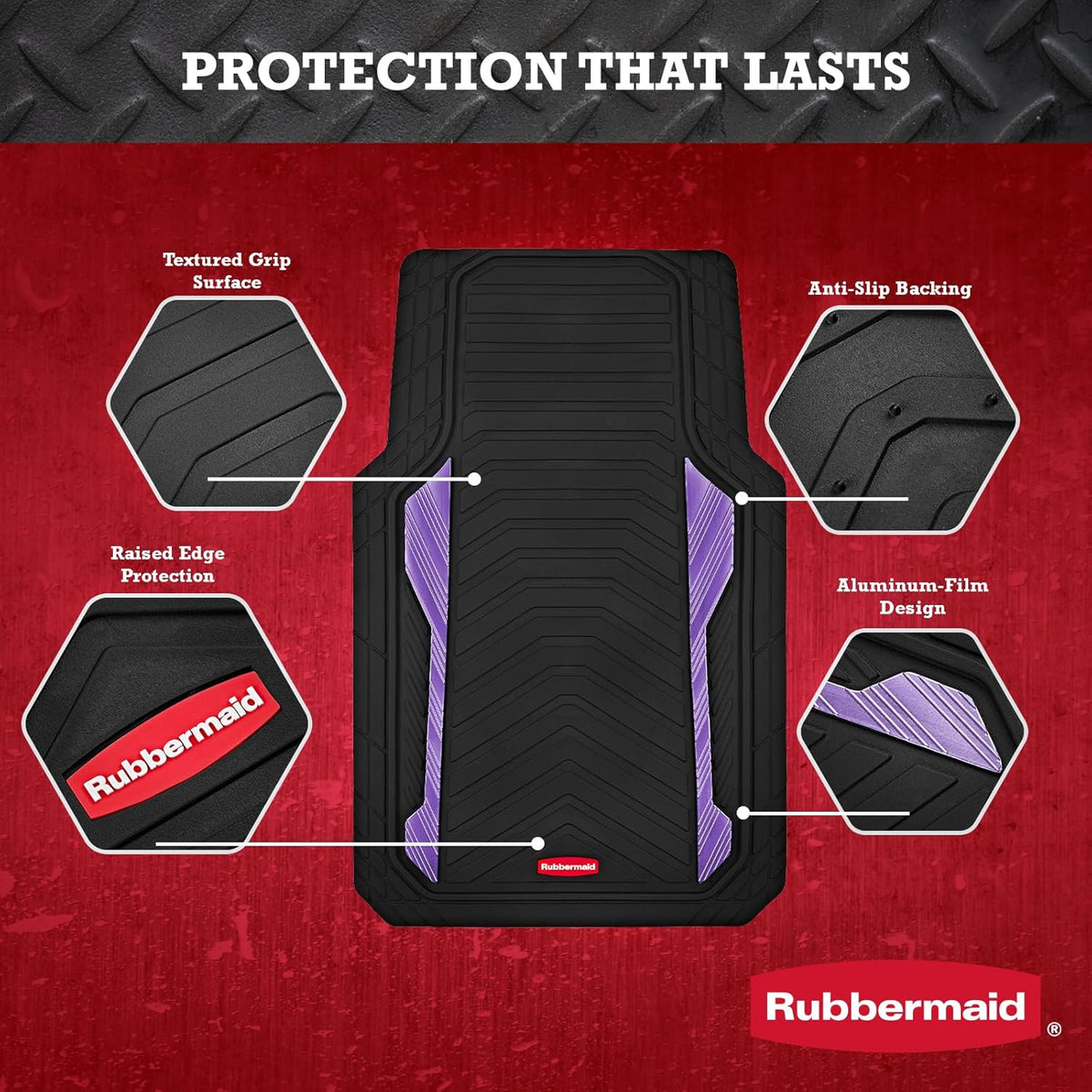 Rubbermaid Car Floor Mat, Heavy Duty All-Weather Car Mats Full Set with Dual-Tone Pink Aluminum Inserts – Universal Fit, Anti-Slip Backing, Trim-to-Fit for Most SUV, Sedan, Van