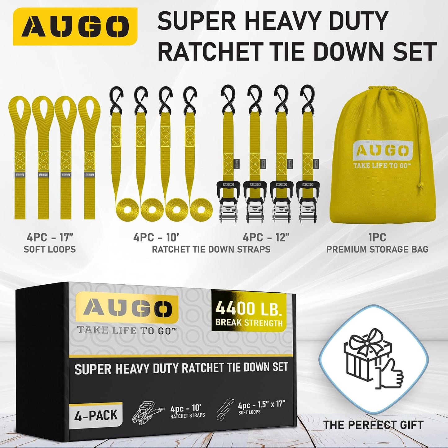 AUGO Ratchet Straps Heavy Duty 4 Pack -15 FT - 2200 LB Break Strength – with Safety Lock S Hooks - Cargo Straps for Moving, Appliances, Motorcycle – Soft Loop Tie Down Straps