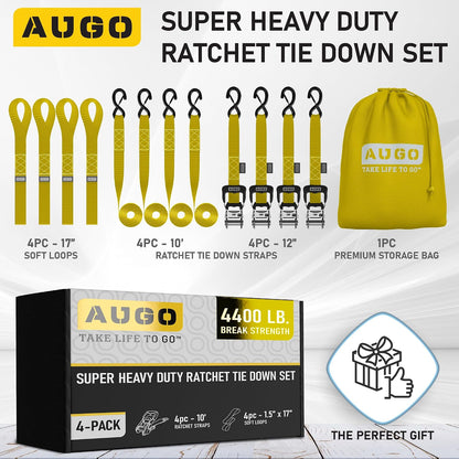 AUGO Ratchet Straps Heavy Duty 4 Pack -15 FT - 2200 LB Break Strength – with Safety Lock S Hooks - Cargo Straps for Moving, Appliances, Motorcycle – Soft Loop Tie Down Straps