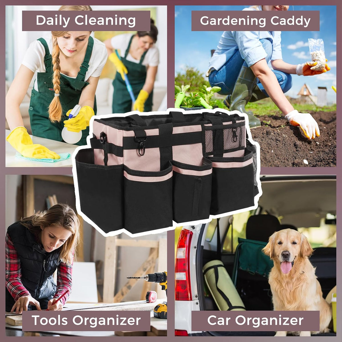 SCAVATA Wearable Cleaning Caddy Organizer with Handle & Shoulder Straps for Housekeepers, Under Sink & Car Cleaning Tool Organizer Bag with 4 Foldable Dividers (Green)