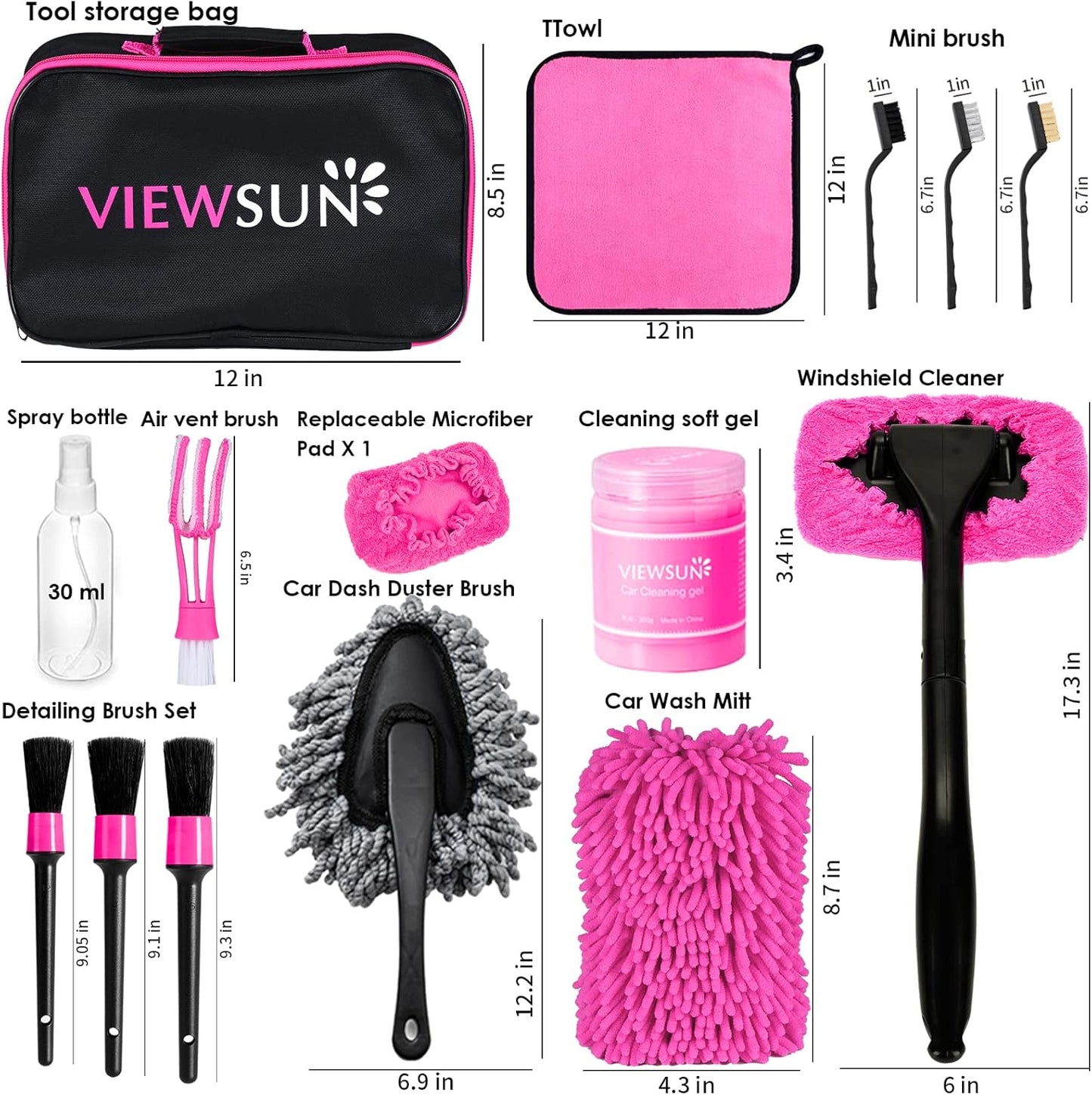 17pcs Car Cleaning Kit, Pink Car Interior Detailing Kit with High Power Handheld Vacuum, Detailing Brush Set, Windshield Cleaner, Cleaning Gel, Complete Auto Accessories for Women Gift