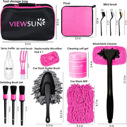 17pcs Car Cleaning Kit, Pink Car Interior Detailing Kit with High Power Handheld Vacuum, Detailing Brush Set, Windshield Cleaner, Cleaning Gel, Complete Auto Accessories for Women Gift